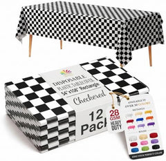 Black/White Checkered Plastic Table Covers | 12 Pack | 54 in. x 108 in.