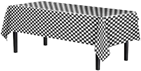 Black/White Checkered Plastic Table Covers | 12 Pack | 54 in. x 108 in.
