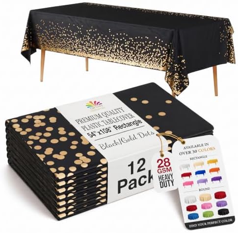 Black & Gold Celebrate Printed Plastic Table Covers | 12 Count | 54 in. x 108 in.