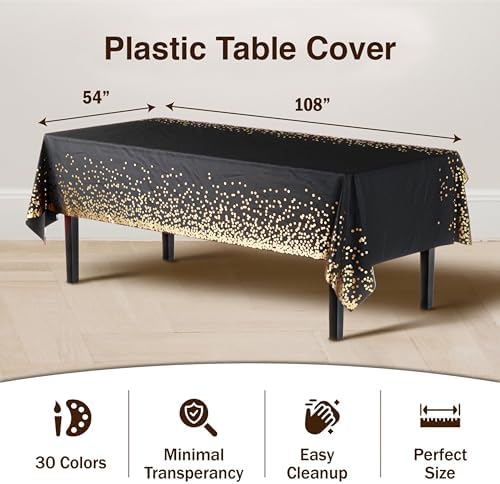 Black & Gold Celebrate Printed Plastic Table Covers | 12 Count | 54 in. x 108 in.