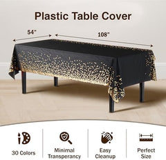 Black & Gold Celebrate Printed Plastic Table Covers | 12 Count | 54 in. x 108 in.
