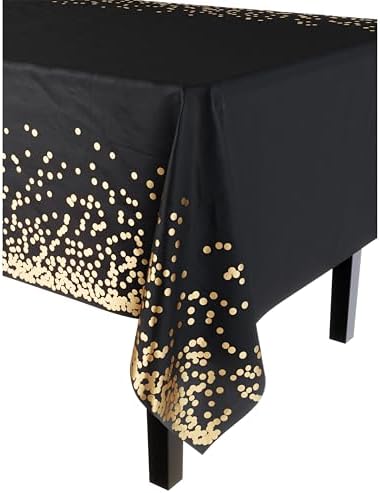 Black & Gold Celebrate Printed Plastic Table Covers | 12 Count | 54 in. x 108 in.