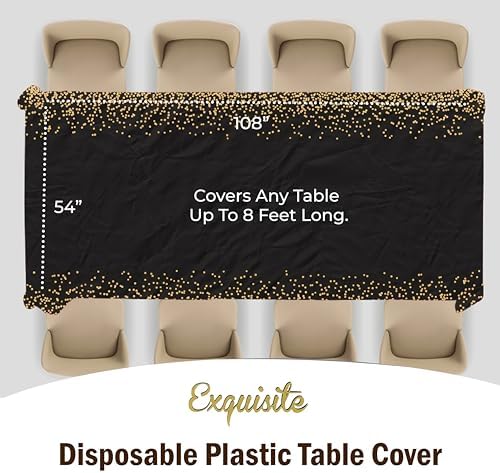 Black & Gold Celebrate Printed Plastic Table Covers | 12 Count | 54 in. x 108 in.