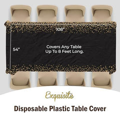 Black & Gold Celebrate Printed Plastic Table Covers | 12 Count | 54 in. x 108 in.