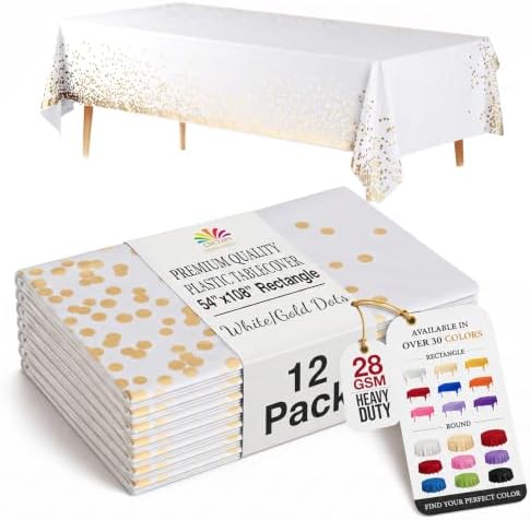 White & Gold Celebrate Printed Plastic Table Covers | 12 Count | 54 in. x 108 in.