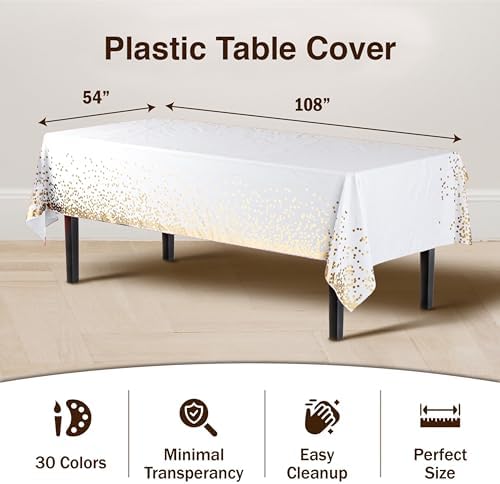 White & Gold Celebrate Printed Plastic Table Covers | 12 Count | 54 in. x 108 in.