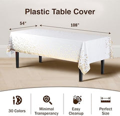 White & Gold Celebrate Printed Plastic Table Covers | 12 Count | 54 in. x 108 in.
