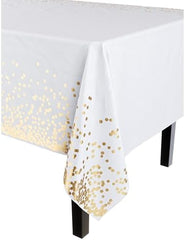 White & Gold Celebrate Printed Plastic Table Covers | 12 Count | 54 in. x 108 in.