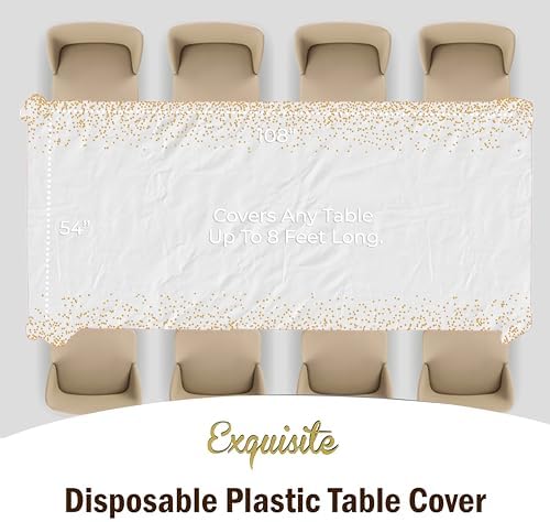 White & Gold Celebrate Printed Plastic Table Covers | 12 Count | 54 in. x 108 in.
