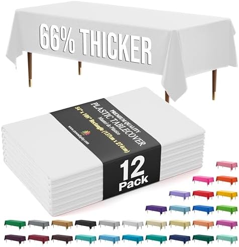 Premium White Plastic Table Covers | 12 Pack | 54 in. x 108 in.