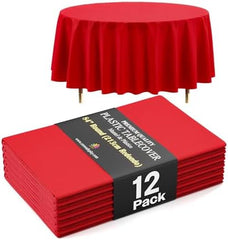 Premium Round Red Plastic Table Covers | 12 Pack | 84 in.