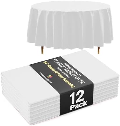 Premium Round White Plastic Table Covers | 12 Pack | 84 in.