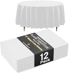 Premium Round White Plastic Table Covers | 12 Pack | 84 in.