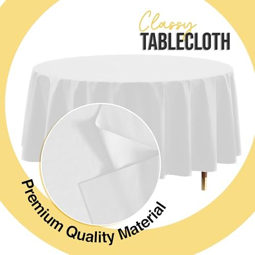 Premium Round White Plastic Table Covers | 12 Pack | 84 in.