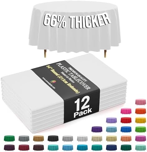 Premium Round White Plastic Table Covers | 12 Pack | 84 in.
