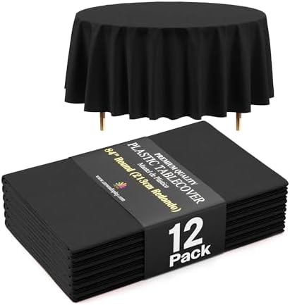 Premium Round Black Plastic Table Covers | 12 Pack | 84 in.