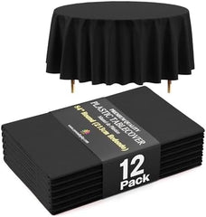 Premium Round Black Plastic Table Covers | 12 Pack | 84 in.