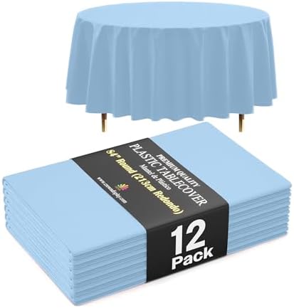 Premium Round Light Blue Plastic Table Covers | 12 Pack | 84 in.