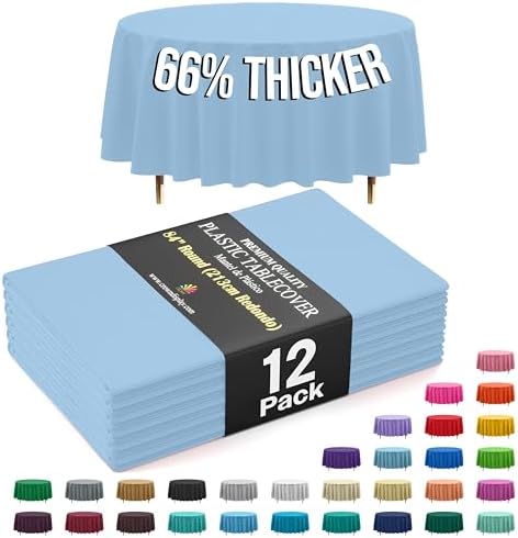Premium Round Light Blue Plastic Table Covers | 12 Pack | 84 in.