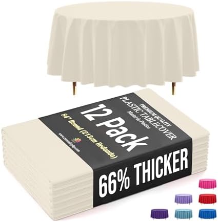 Premium Round Ivory Plastic Table Covers | 12 Pack | 84 in.