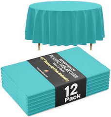 Premium Round Aqua Blue Plastic Table Covers | 12 Pack | 84 in.