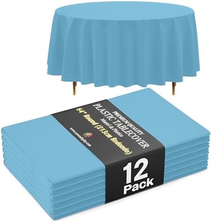 Premium Round Sky Blue Plastic Table Covers | 12 Pack | 84 in.
