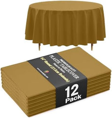 Premium Round Gold Plastic Table Covers | 12 Pack | 84 in.