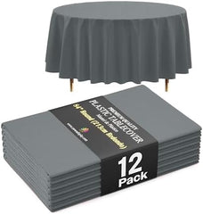 Premium Round Silver Plastic Table Covers | 12 Pack | 84 in.