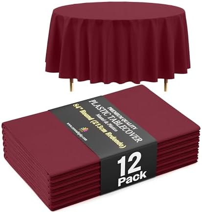 Premium Round Burgundy Plastic Table Covers | 12 Pack | 84 in.
