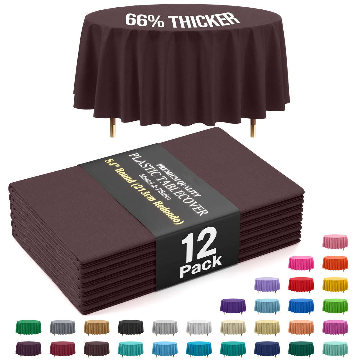 Premium Round Brown Plastic Table Covers | 12 Pack | 84 in.