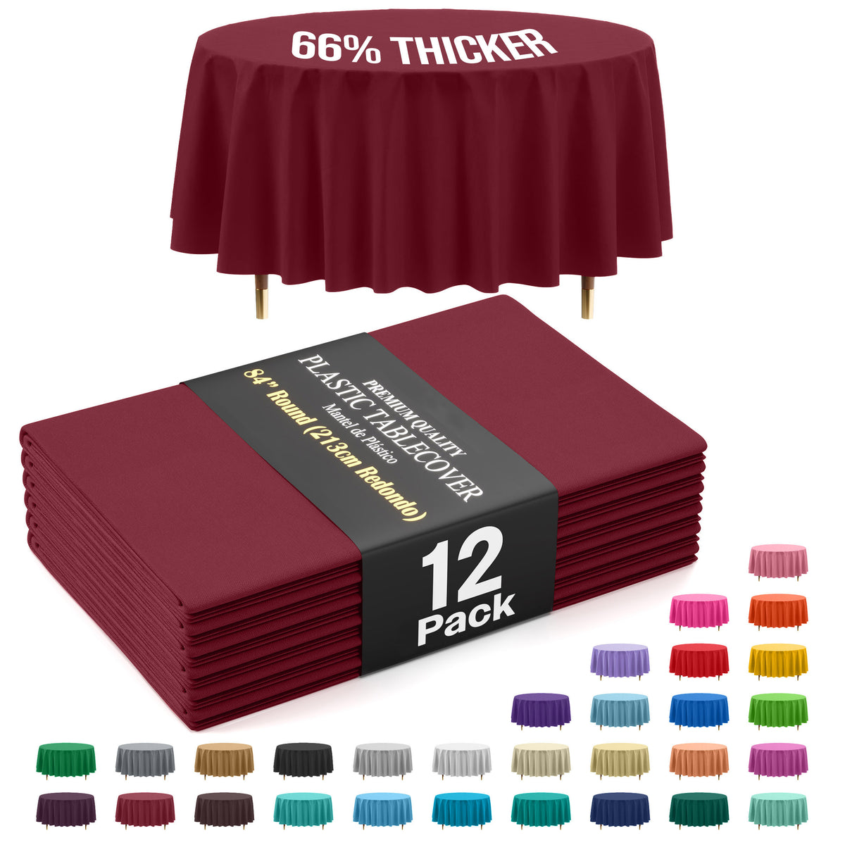 Premium Round Burgundy Plastic Table Covers | 12 Pack | 84 in.