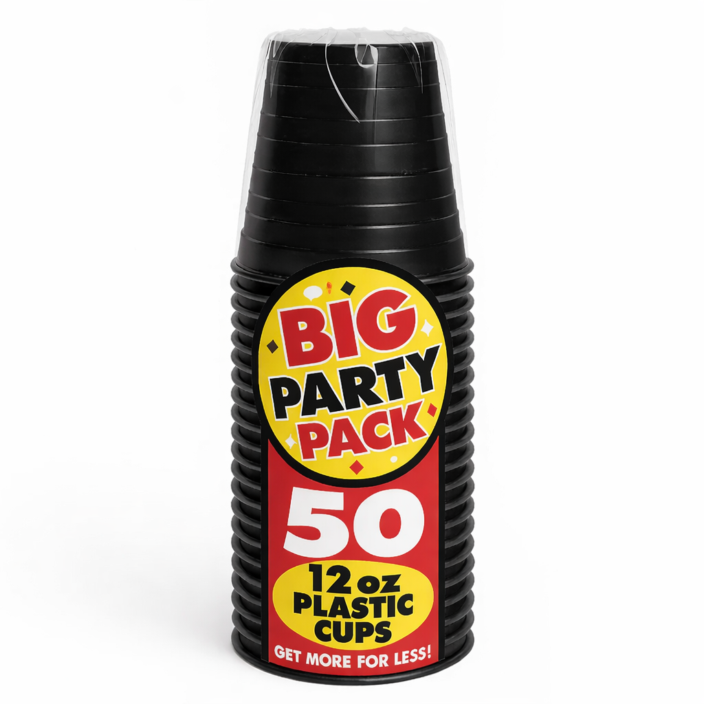 Jet Black 12oz Plastic Cups - 50 Pack