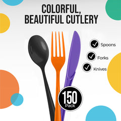 150 Pc. Halloween Plastic Cutlery Combo Set | Orange, Purple & Black