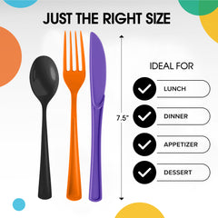 150 Pc. Halloween Plastic Cutlery Combo Set | Orange, Purple & Black