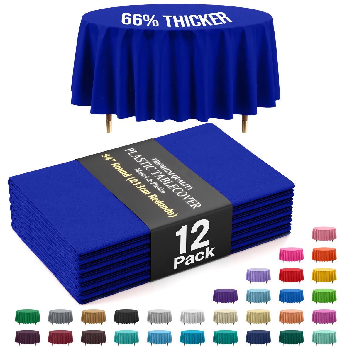 Premium Round Dark Blue Plastic Table Covers | 12 Pack | 84 in.