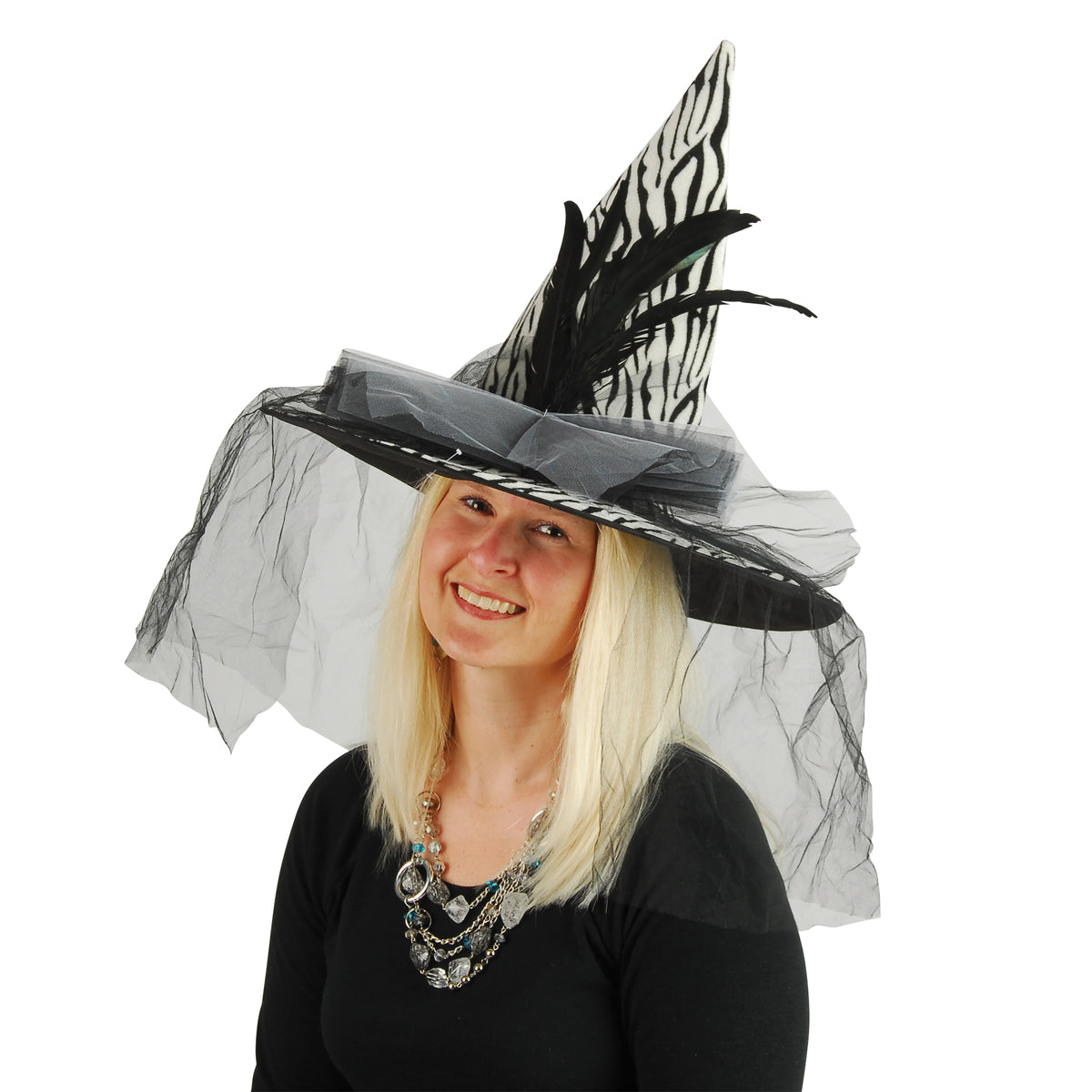 Zebra Witch Hat W/Tulle & Feathers