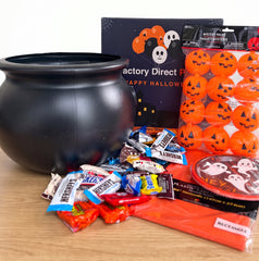 150 Pcs Halloween Trick-or-Treat Kit | Cauldron, 2 lb Candy, Toys, Glow Sticks & Tableware