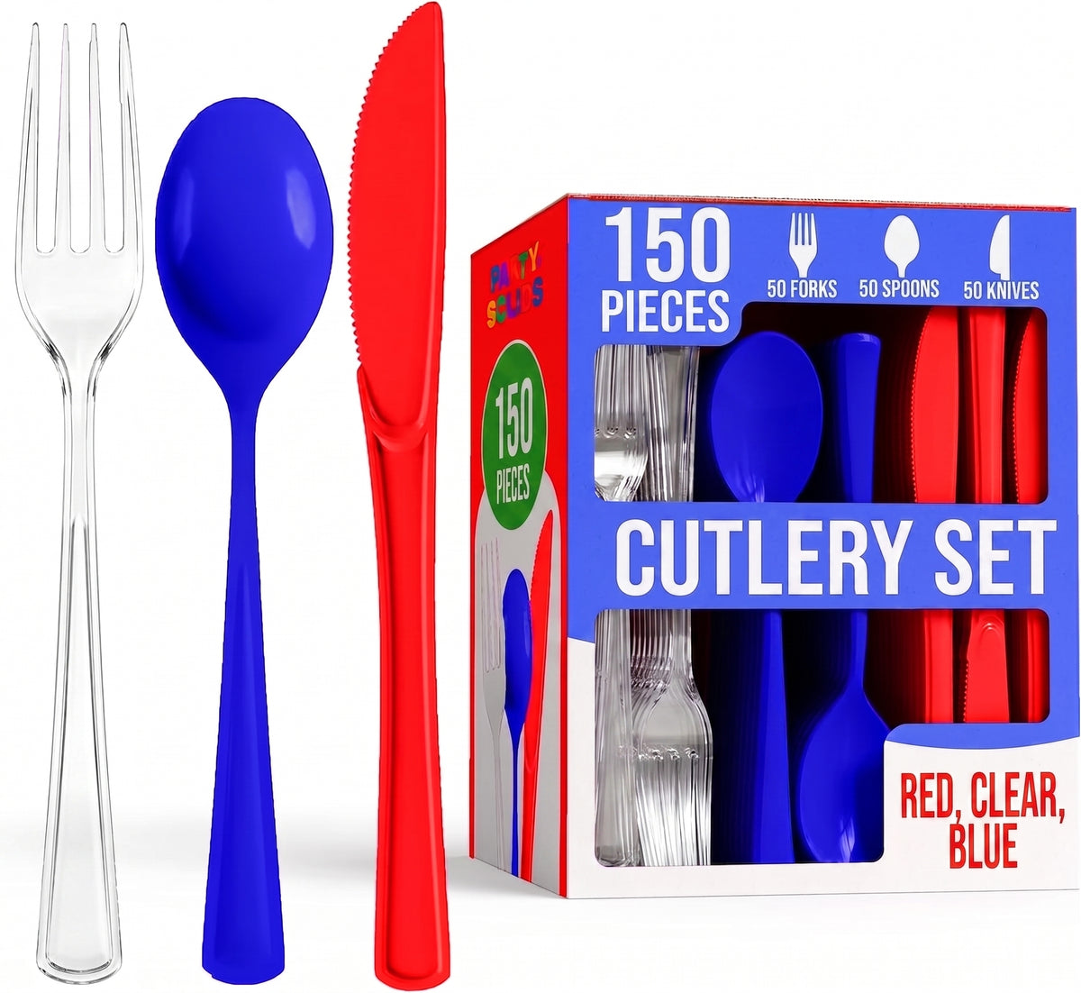 150 Pc. Patriotic Plastic Cutlery Combo Set | Red, White & Blue (Clear Forks)