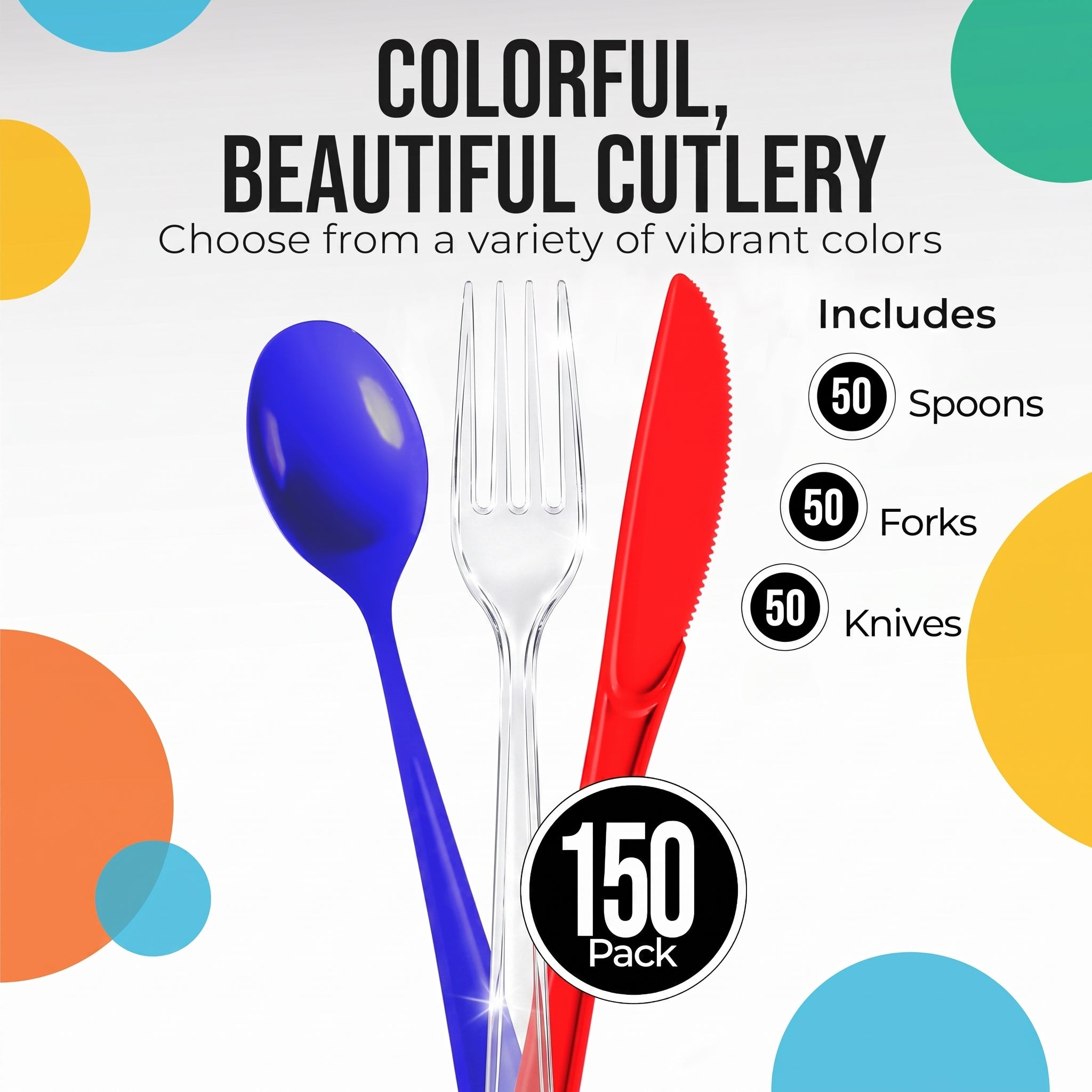 150 Pc. Patriotic Plastic Cutlery Combo Set | Red, White & Blue (Clear Forks)