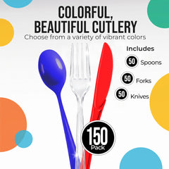 150 Pc. Patriotic Plastic Cutlery Combo Set | Red, White & Blue (Clear Forks)