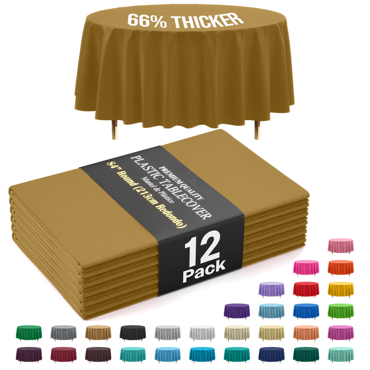 Premium Round Gold Plastic Table Covers | 12 Pack | 84 in.
