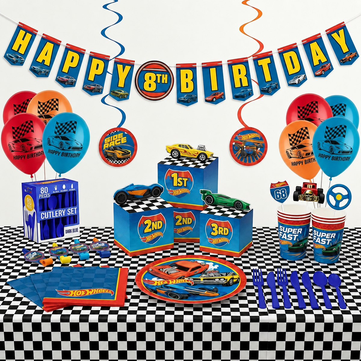 165 Pcs Hot Wheels Deluxe Birthday Party Kit - For 8 Guests