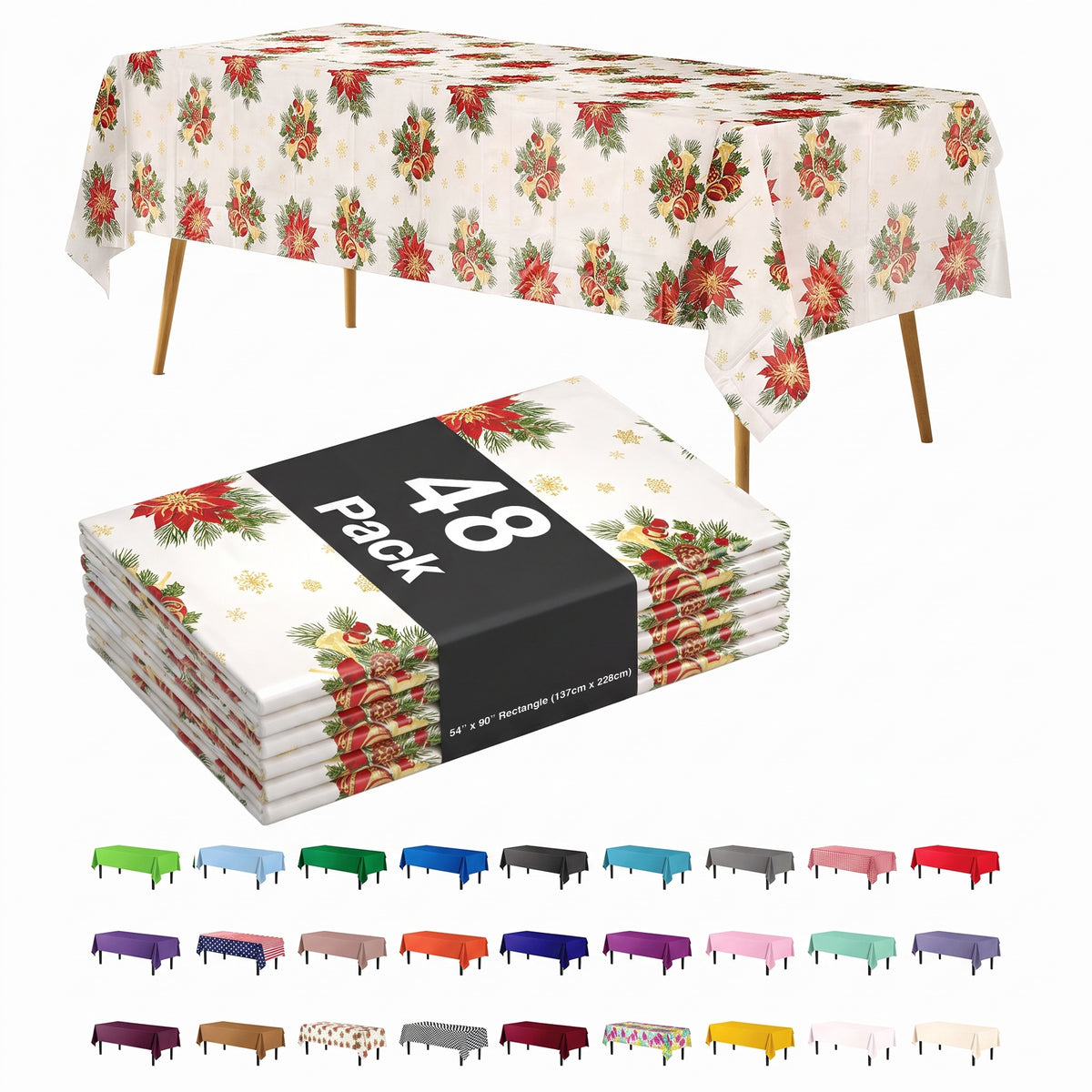 Holiday Print Plastic Table Cover | 54 in. x 108 in. | Case of 48