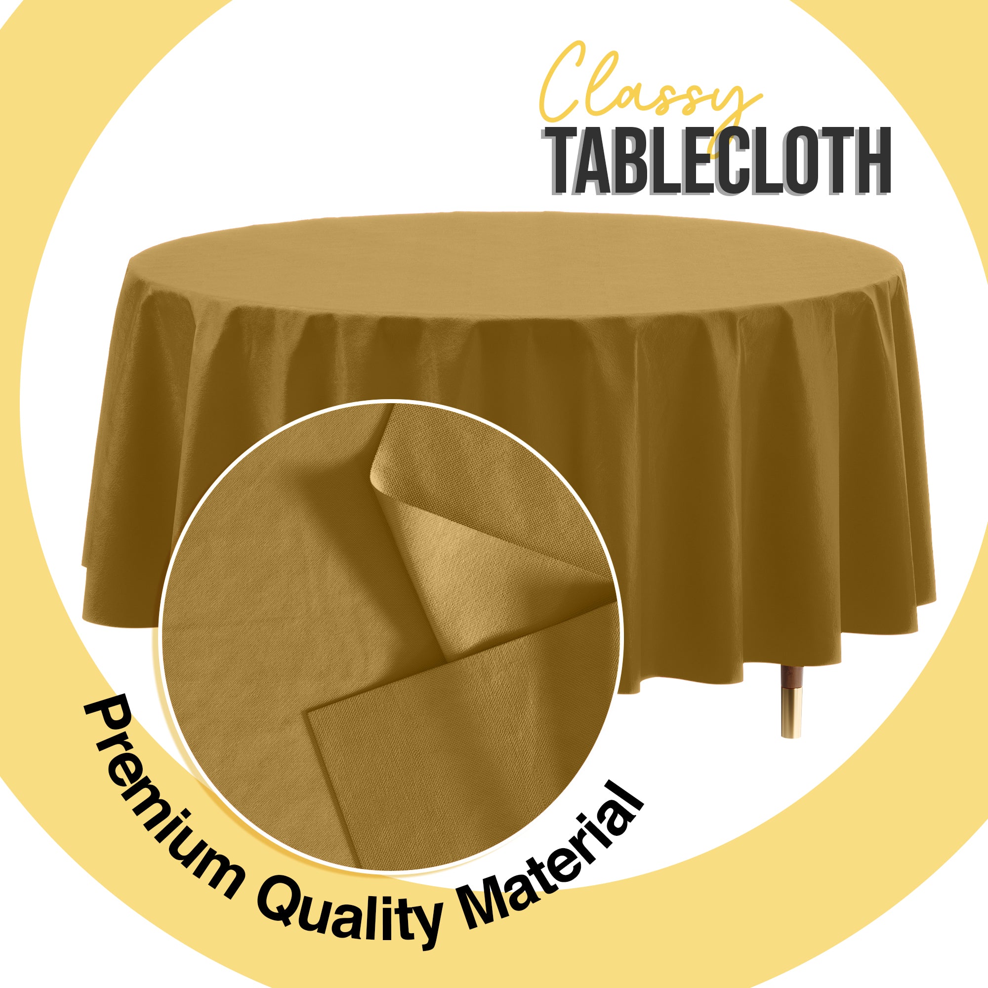 Premium Round Gold Plastic Table Cover | 84 in. | Case of 96