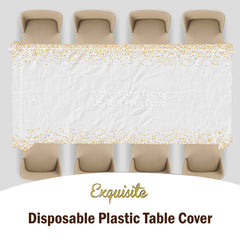 White & Gold Celebrate Printed Plastic Table Covers | 12 Count