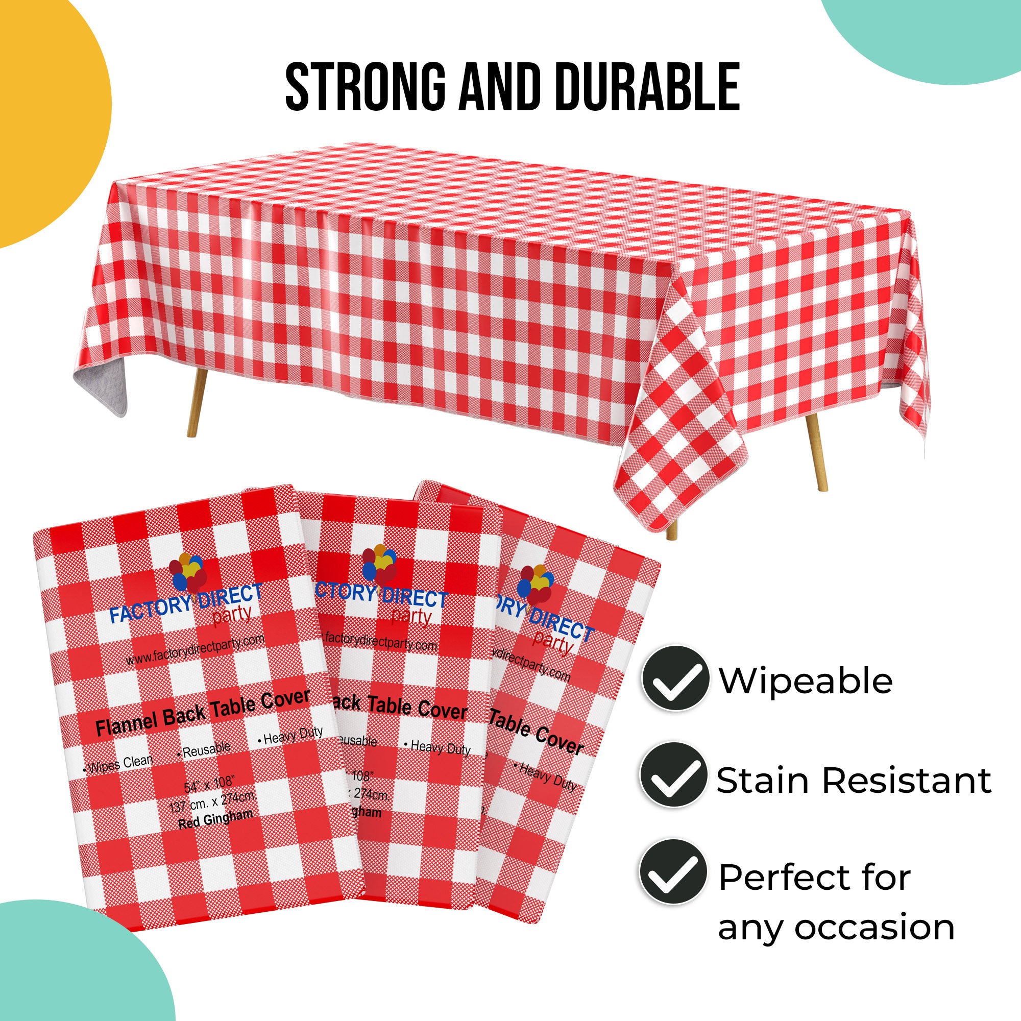 Red Gingham Flannel Backed Plastic Table Cover  | 54 in. x 108 in.