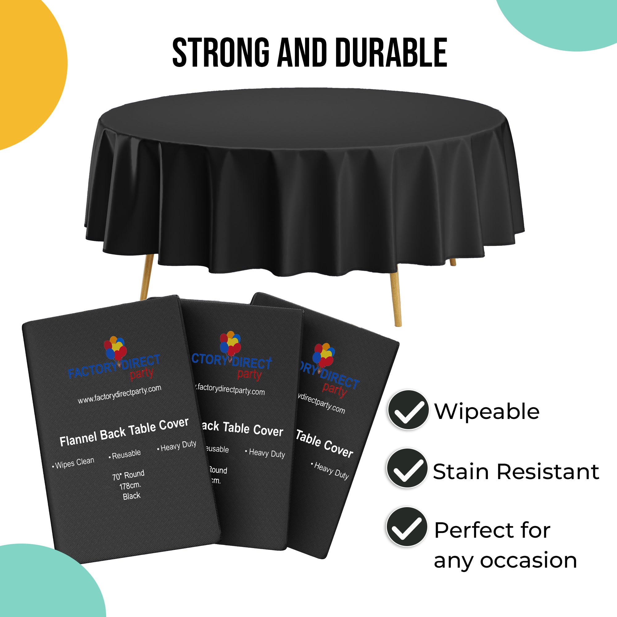 Black Flannel Backed Plastic Table Cover 70 in. Round