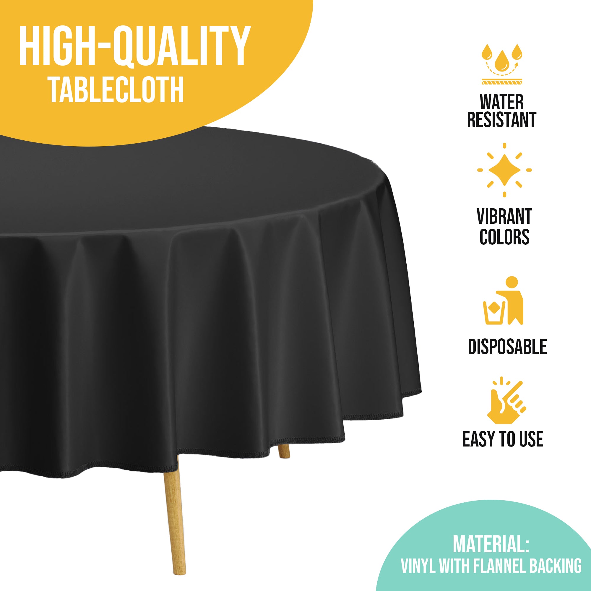 Black Flannel Backed Plastic Table Cover 70 in. Round