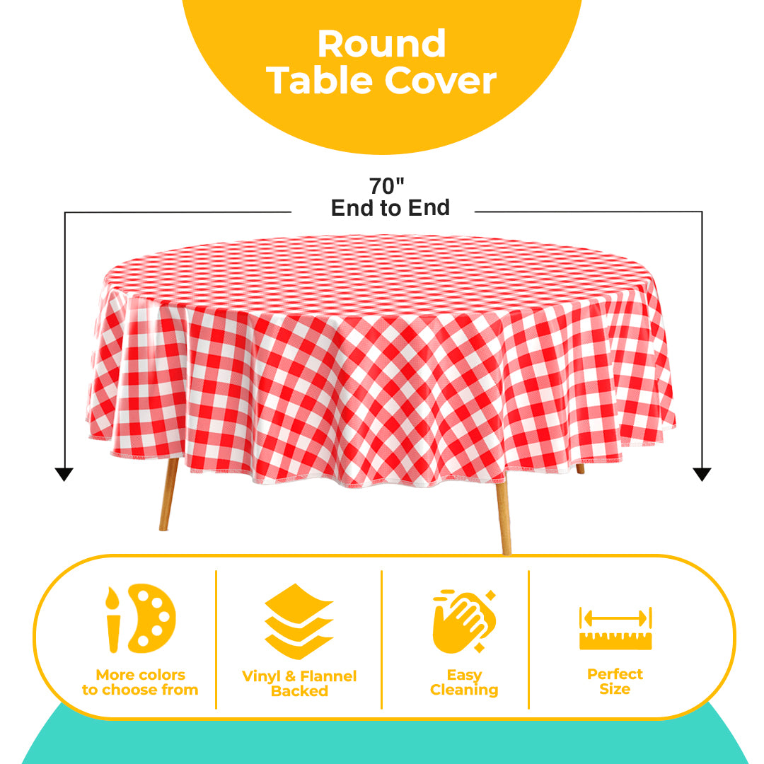 Red Gingham Flannel Backed Plastic Table Cover 70 in. Round