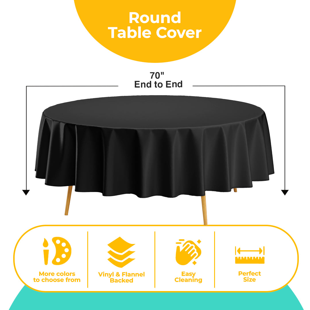 Black Flannel Backed Plastic Table Cover 70 in. Round